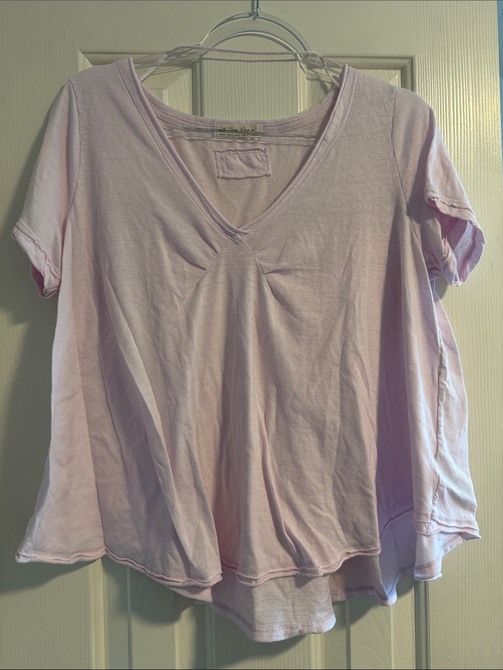 Free People Light Pink V-Neck Women's Top - Casual Short Sleeve